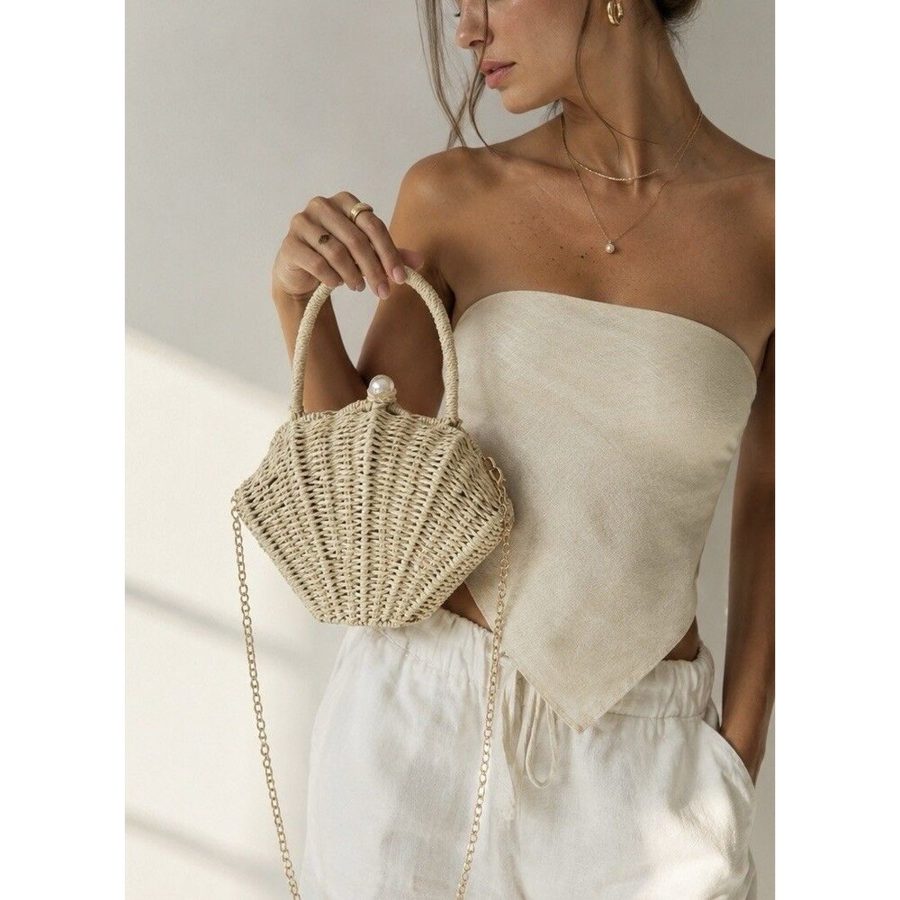 Coastal Mermaid Shell Woven Straw Clutch Pearl Top Handle Gold Chain Bag